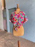 80-90's White button down short sleeve shirt in a all over tropical floral print