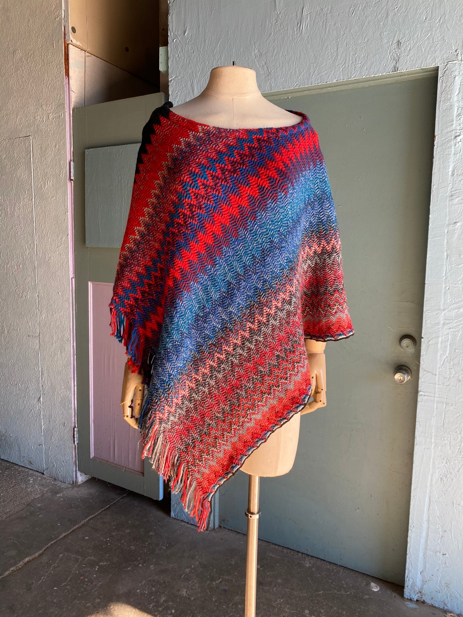 Y2K Red, turquoise and orange fringe poncho – Vida Antigua Collective