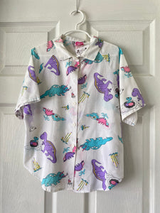 80-90's White button down with dinosaur print