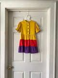 70's Mustard yellow, purple and red color block dress