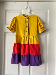 70's Mustard yellow, purple and red color block dress