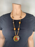 60-70's Folk Leather flower pendant boho hippie necklace