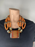 80-90's Brown, Coral and Turquoise layered beaded necklace with large wooden square pendant