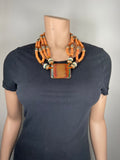 80-90's Brown, Coral and Turquoise layered beaded necklace with large wooden square pendant