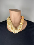 80-90's Ivory and wooden toned beaded twist choker statement necklace