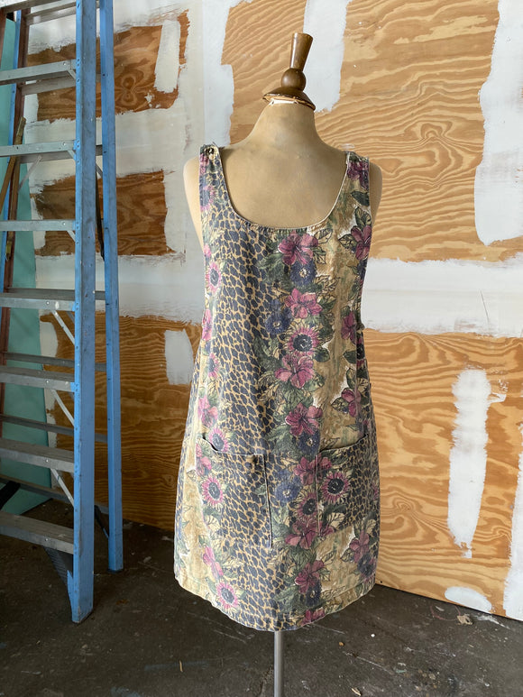 90's Animal and floral print denim overall jumper dress