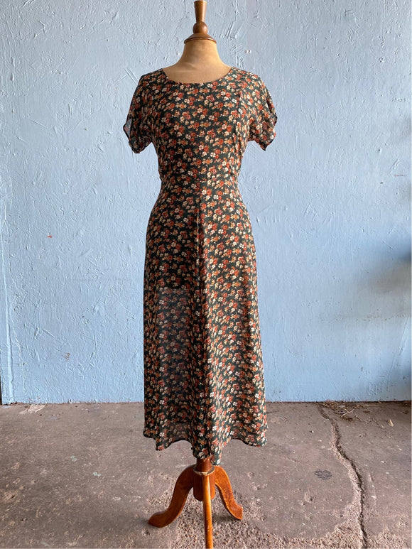 90’s dark green sheer floral maxi dress