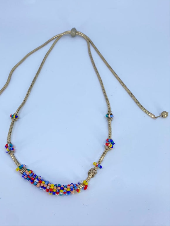 Gold tone hippie boho necklace with multi color tiny beads