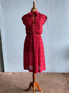 70's Burgundy sheer floral polyester dress with bow tie