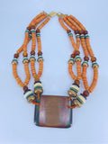 80-90's Brown, Coral and Turquoise layered beaded necklace with large wooden square pendant