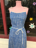 1970's Blue & White grid print summer dress w/tie straps & built in bra.