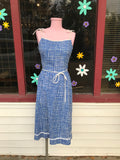 1970's Blue & White grid print summer dress w/tie straps & built in bra.