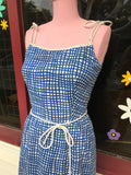 1970's Blue & White grid print summer dress w/tie straps & built in bra.