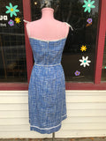 1970's Blue & White grid print summer dress w/tie straps & built in bra.