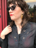 Black sheer floral embroidered button up