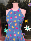 1990's Contempo Blue floral halter mini dress.