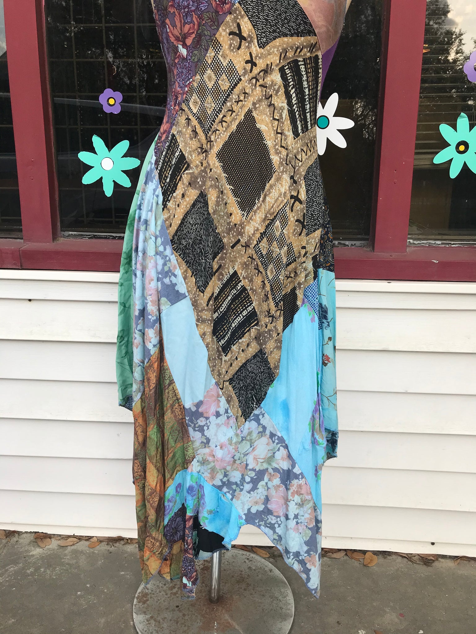 Patchwork bias cut Dress w/a handkerchief hem line. Vida Antigua Collective Patchwork bias cut Dress w/a handkerchief hem line. Vida Antigua Collective
