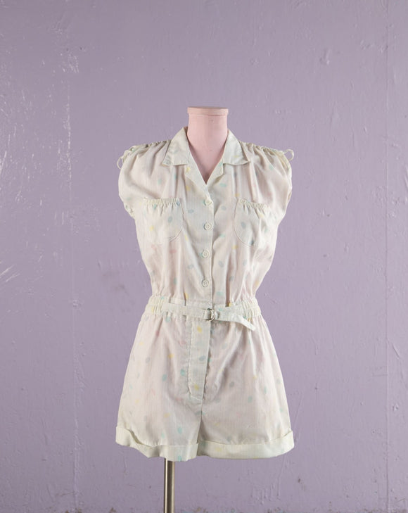 1980's White romper with pastel polka dots.