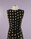 1990's Black Rayon tribal squares corset back princess seam maxi dress.