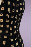 1990's Black Rayon tribal squares corset back princess seam maxi dress.