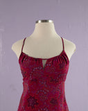 1990's/ Y2K Fuchsia paisley floral slip dress with keyhole neckline and open criss-cross tie back
