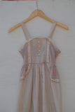 1970's Sleeveless Ivory, Blue and pink plaid and striped prairie dress with side tie strings and back smocking