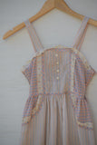 1970's Sleeveless Ivory, Blue and pink plaid and striped prairie dress with side tie strings and back smocking