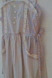 1970's Sleeveless Ivory, Blue and pink plaid and striped prairie dress with side tie strings and back smocking