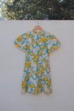 1970's Turquoise, Yellow & White psychedelic floral with layered ruffled sleeves