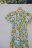 1970's Turquoise, Yellow & White psychedelic floral with layered ruffled sleeves