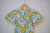 1970's Turquoise, Yellow & White psychedelic floral with layered ruffled sleeves