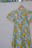 1970's Turquoise, Yellow & White psychedelic floral with layered ruffled sleeves