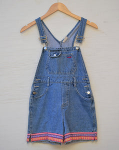 1990's Jordache denim short overalls with pink & purple ribbon hem