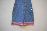 1990's Jordache denim short overalls with pink & purple ribbon hem