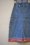 1990's Jordache denim short overalls with pink & purple ribbon hem