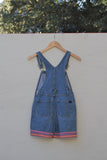 1990's Jordache denim short overalls with pink & purple ribbon hem