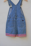 1990's Jordache denim short overalls with pink & purple ribbon hem