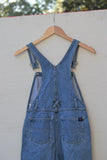 1990's Jordache denim short overalls with pink & purple ribbon hem