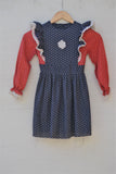 1970's Navy Blue & Red Prairie long sleeve apron dress with dainty white flowers