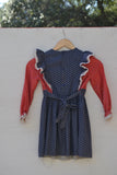 1970's Navy Blue & Red Prairie long sleeve apron dress with dainty white flowers