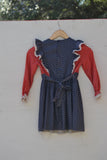 1970's Navy Blue & Red Prairie long sleeve apron dress with dainty white flowers