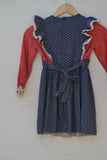 1970's Navy Blue & Red Prairie long sleeve apron dress with dainty white flowers