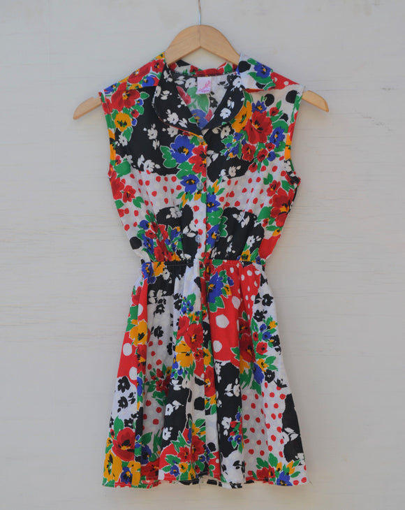 1990's Sleeveless Red, Black & White color block floral dress