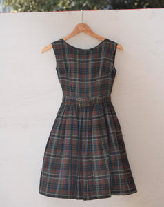 1950's Sleeveless Army Green, Red, Navy Blue and White plaid dress