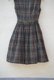 1950's Sleeveless Army Green, Red, Navy Blue and White plaid dress