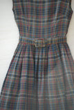 1950's Sleeveless Army Green, Red, Navy Blue and White plaid dress