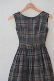 1950's Sleeveless Army Green, Red, Navy Blue and White plaid dress