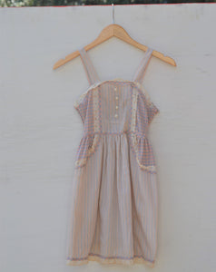 1970's Sleeveless Ivory, Blue and pink plaid and striped prairie dress with side tie strings and back smocking