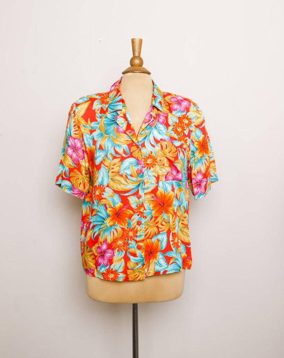 1990's Orange, Fuchsia and Teal button down Hawaiian shirt