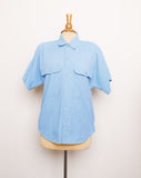 1990's Lizwear Turquoise and blue pinstriped cotton button down short sleeve shirt